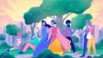 Colorful illustration of people in a park. They are walking and picnicking.