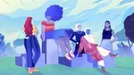 Women Illustration of 5 women standing and sitting together, on different sized boxes